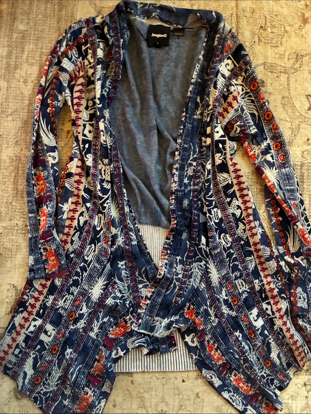 Desigual Navy Santorini Striped Open-Front Cardigan with Red Cactus Accents